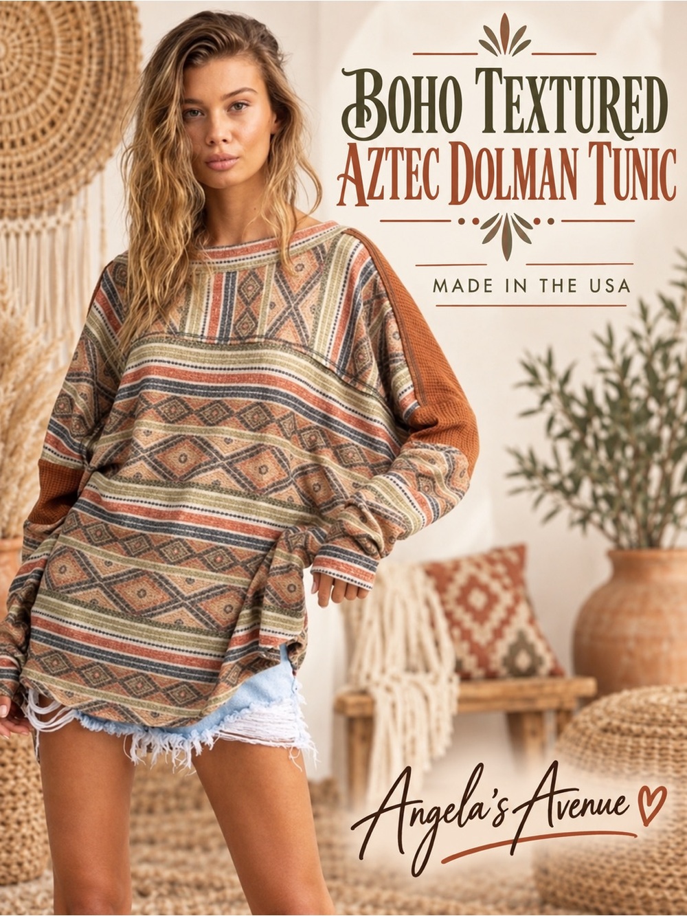BOHO TEXTURED AZTEC DOLMAN TUNIC NEW